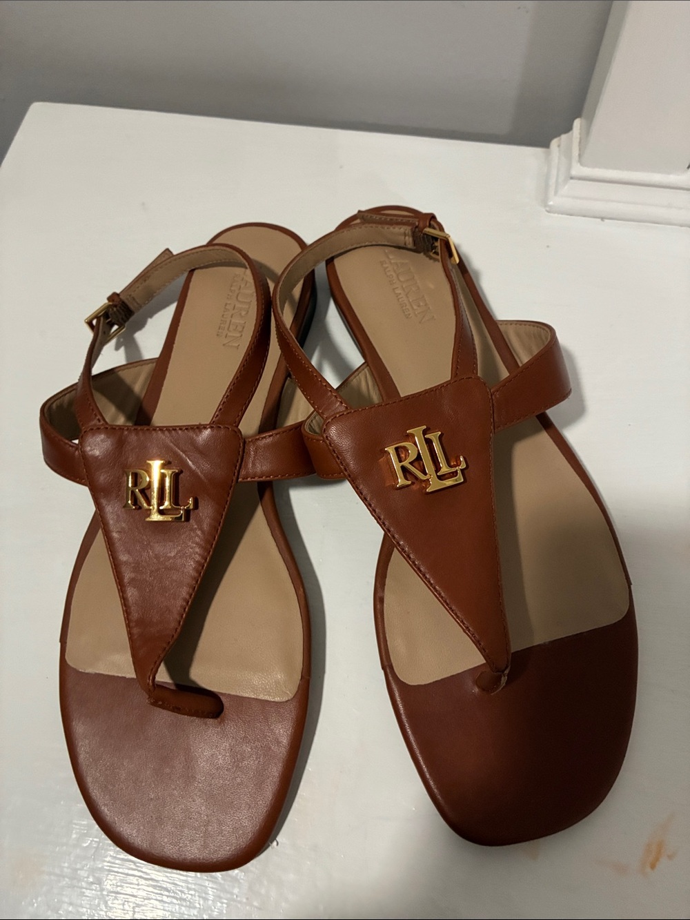 Ralph Lauren Tan Leather RL Logo Thong Sandals